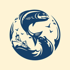 illustration of a fish leaping with blue and cream colors vector images