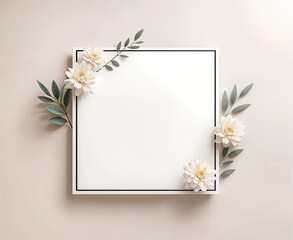 A pink frame with a white background, a vase with white flowers.