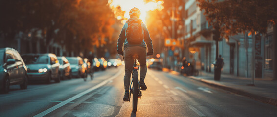 A man is riding a bike down a street with cars and a sunset in the background