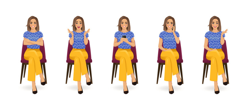 Beautiful business woman wearing bright clothes sitting in the chair different gestures set isolated vector illustration