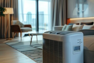A white air conditioner sits on a wooden floor in a living room. Summer heat concept