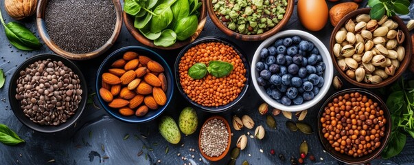 Variety of Superfoods in Bowls on Dark Background
