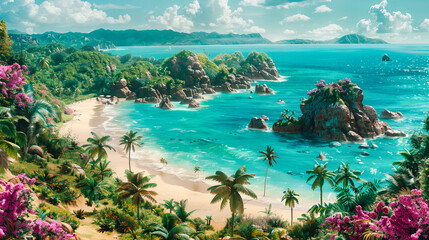 Fototapeta premium Aerial View of a Tropical Beach, Exotic Landscape with Clear Waters and Lush Greenery in Thailand