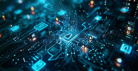Obraz premium A digital illustration of an abstract background with blue tones, featuring futuristic elements like circuit boards and padlock symbols