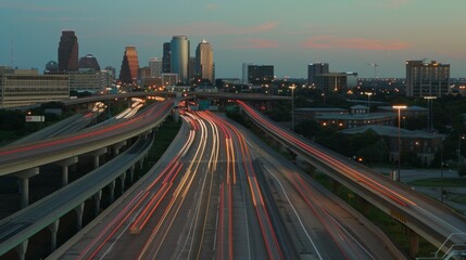 Fototapeta premium Nighttime long exposure of a road. A vibrant long exposure shot capturing the dynamic lights of cars traversing a road at night, reflecting the urban pulse