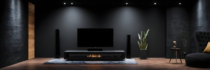 Modern black living room and empty wall texture background interior design 