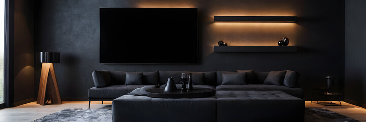 Modern black living room and empty wall texture background interior design 