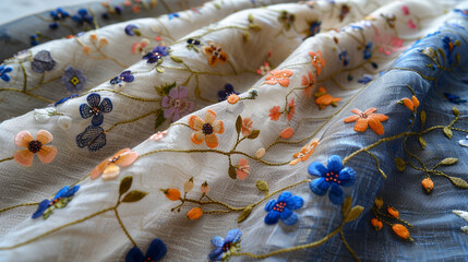 featuring flowers and butterflies in light blue, pink, orange, black and white colors on an off-white background.