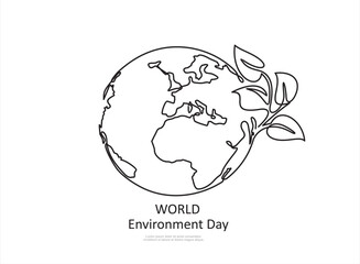 Earth globe with leaves continuous line drawn. Linear world map with plant. Save Planet concept. World environment day symbol. Vector illustration isolated on white.