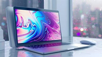 Sleek Laptop with Abstract Design on Screen, Set Against a Rainy Urban Background