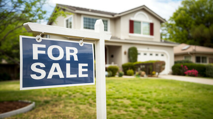 For sale blue sign in front of a beautiful classic suburban house, real estate concept, residential home for sale, new property hd