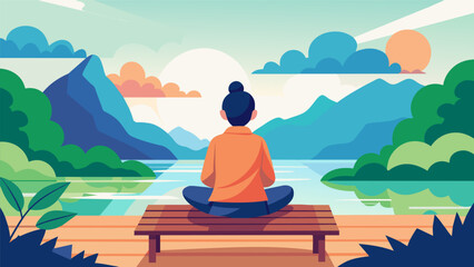 A person sitting on a wooden bench in a Zen garden gazing out at the serene landscape and taking deep calming breaths..