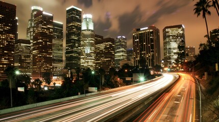 Fototapeta premium Nighttime long exposure of a road. A vibrant long exposure shot capturing the dynamic lights of cars traversing a road at night, reflecting the urban pulse
