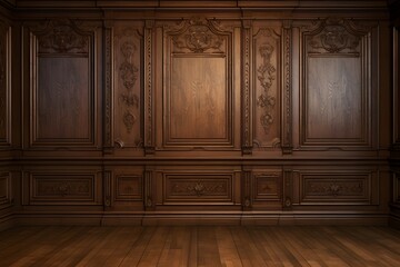 Luxury wood paneling background or texture highly crafted classic traditional wood paneling, with a frame pattern often seen in courtrooms premium hotels and law offices
