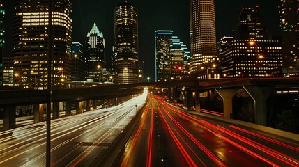 Obraz premium Nighttime long exposure of a road. A vibrant long exposure shot capturing the dynamic lights of cars traversing a road at night, reflecting the urban pulse