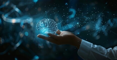 A hand holding up an AI brain with digital data flowing through it, symbolizing the integration of artificial intelligence in business - obrazy, fototapety, plakaty