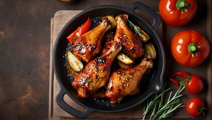 Grilled chicken wings on the flaming grill with Grilled vegetables in barbecue sauce with pepper seeds rosemary, salt. top view with copy space.