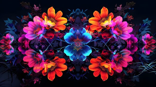
flower punk neon happy barok basic style mirrored but not exactly the same. Like dark and light, night and day, good and bad, left and right, line art, UHD, edge