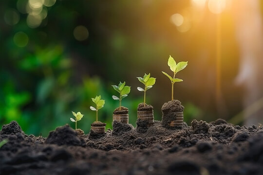 Plant money coins saving growth up to profit interest for concept investment mutual fund finance and business