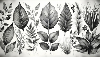 black and white illustrations leaves and grass set, Collection botanic garden elements on digital art concept.