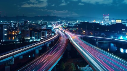 Obraz premium Nighttime long exposure of a road. A vibrant long exposure shot capturing the dynamic lights of cars traversing a road at night, reflecting the urban pulse
