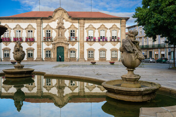 Braga City Hall and Pelican Fountain in Braga, Portugal