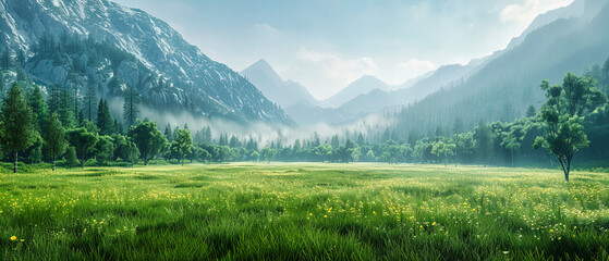 Alpine Meadow in Full Bloom, Snow-Capped Peaks in the Distance, Serene Swiss Countryside in Summer - Powered by Adobe
