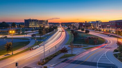 Fototapeta premium Nighttime long exposure of a road. A vibrant long exposure shot capturing the dynamic lights of cars traversing a road at night, reflecting the urban pulse