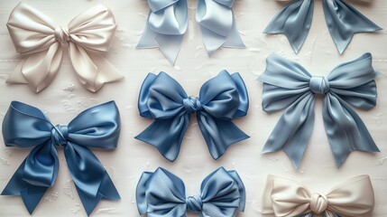 blue bow tie, an illustrated seamless pattern of delicate light blue ribbon gracefully arranged on a pristine white background,
