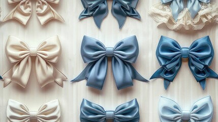 blue bow tie, an illustrated seamless pattern of delicate light blue ribbon gracefully arranged on a pristine white background,