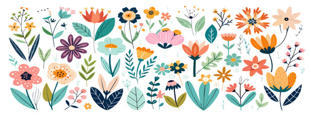 Flower collection with leaves, floral bouquets. Vector flowers. Spring art print with botanical elements. Happy Easter. Folk style. Posters for the spring holiday. icons isolated on white background.