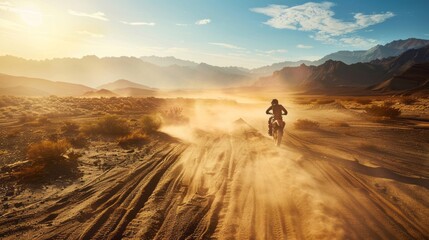 an intrepid motocross rider conquering a rugged desert terrain, bike kicking up dust in its wake