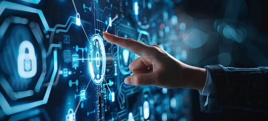 A person is pointing their finger at an electronic touch screen with digital security symbols floating above it, indicating biometric access or a passcode