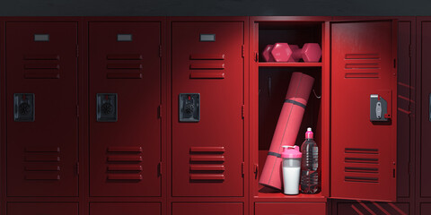 Fitness and bodybuilding equipment in a school locker room.