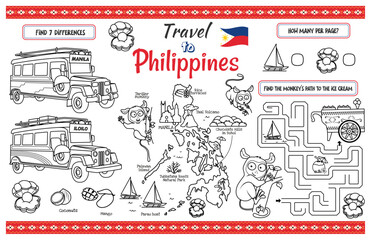  A fun placemat for kids. Printable “Travel to Philippines” activity sheet with a labyrinth and find the differences. 17x11 inch printable vector file
