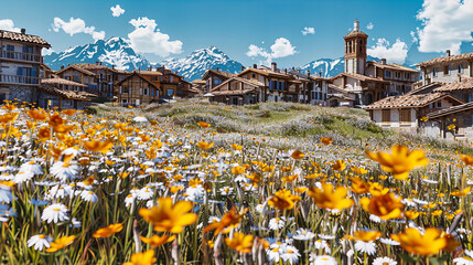 Obraz premium Alpine Village in Summer, Scenic View of Meadows, Mountains, and Traditional Houses, Picturesque European Landscape