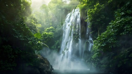  A cascading waterfall tumbling down a sheer cliff face, surrounded by lush greenery and framed by rugged mountain peaks. . 
