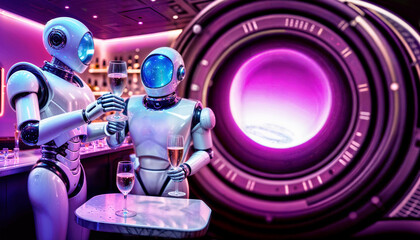 Humanoid robot. Couple of astronauts drink champagne alcohol drinks on board spaceship on background of space in porthole. Party birthday and disco celebration in orbital station bar. Futuristic style