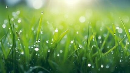 Fototapeta premium Grass in a meadow with dew drops, beautiful green summer background. 