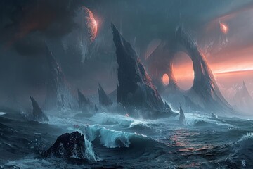 Alien seascape with dramatic sky and majestic mountains