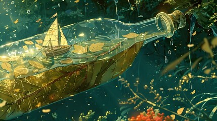 Ship bottle surrel illustration poster wallpaper . Fantasy Ship Bottle Artwork. 
Magical Ship Encased in a Bottle