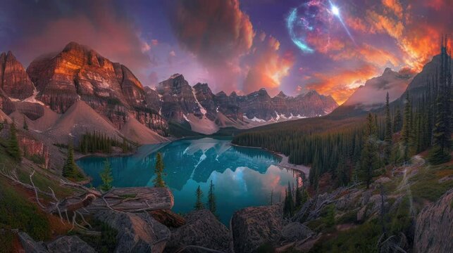 The natural scenery is very amazing, the lakes and mountains are very beautiful with a very natural combination. seamless looping time-lapse virtual 4k video Animation Background.