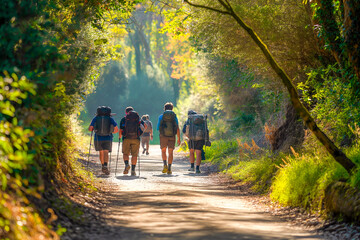 Pilgrims with backpacks walking the Camino de Santiago in Spain, Way of St James