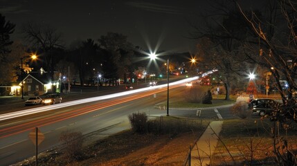 Obraz premium Nighttime long exposure of a road. A vibrant long exposure shot capturing the dynamic lights of cars traversing a road at night, reflecting the urban pulse