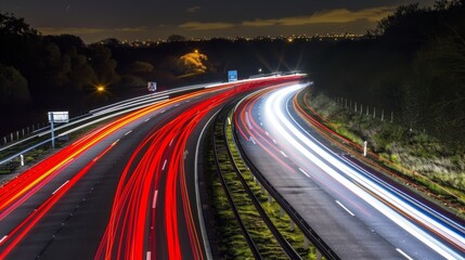 Obraz premium Nighttime long exposure of a road. A vibrant long exposure shot capturing the dynamic lights of cars traversing a road at night, reflecting the urban pulse