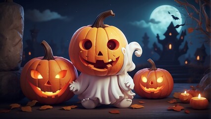 Spooky pumpkin baby ghost with black bats flies on a dark Halloween night