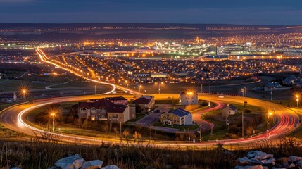 Fototapeta premium Nighttime long exposure of a road. A vibrant long exposure shot capturing the dynamic lights of cars traversing a road at night, reflecting the urban pulse