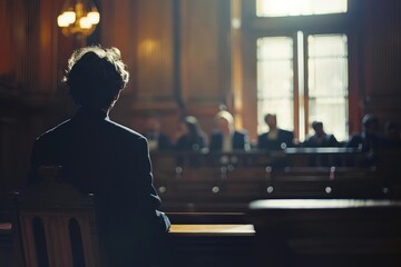 A man sits in a chair in a courtroom