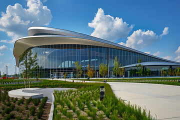 State-of-the-art sports complex with a sweeping, aerodynamic design, emphasizing energy and movement