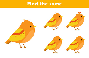 Find same picture worksheet for kids. Worksheet for kids kindergarten, preschool and school age. Education game for children with cute orange bird illustration.